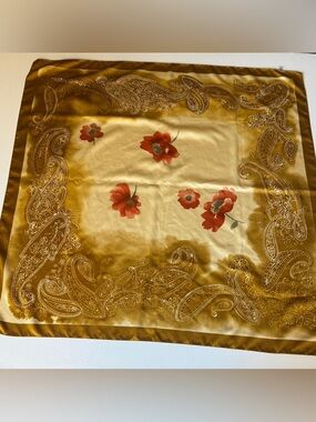 Scarf Flower Gold Paisley Made In Italy 100% Polyester 34”x33” Boho Travel Casua